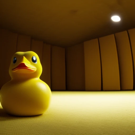 a small rubber duck in ((scrbackrooms)), wide shot