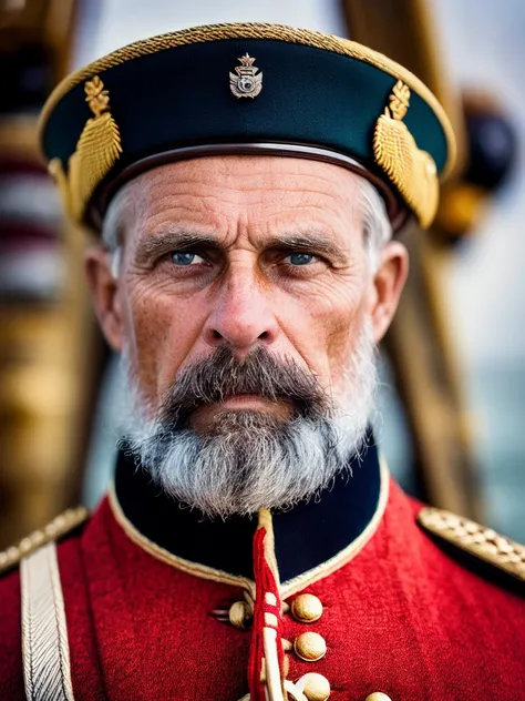 High detail RAW color Photo of a confident 18th century Capitan standing by the bay, wearing a red and gold military uniform and a tri-cornered hat, holding a telescope in his hand, looking out at the sea with a determined expression, surrounded by tall ships and seagulls flying overhead, beautiful highly detailed, cold skin pores, hasselblad, gigapixel, symmetrical, highly detailed, lighting, cinematic lighting, serious eyes, contrast, textured skin