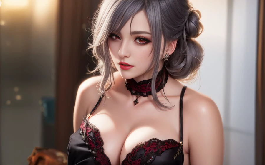 hyper realistic, raw photography, 8k, masterwork,
1girl, (solo:1.4), goth girlfriend,
ash grey hair, updo hairstyle, streaks of hair in face, red eyes, mascara, bags under eyes, saggy tits, cleavage, chocker, detailed texture, detailed lace,