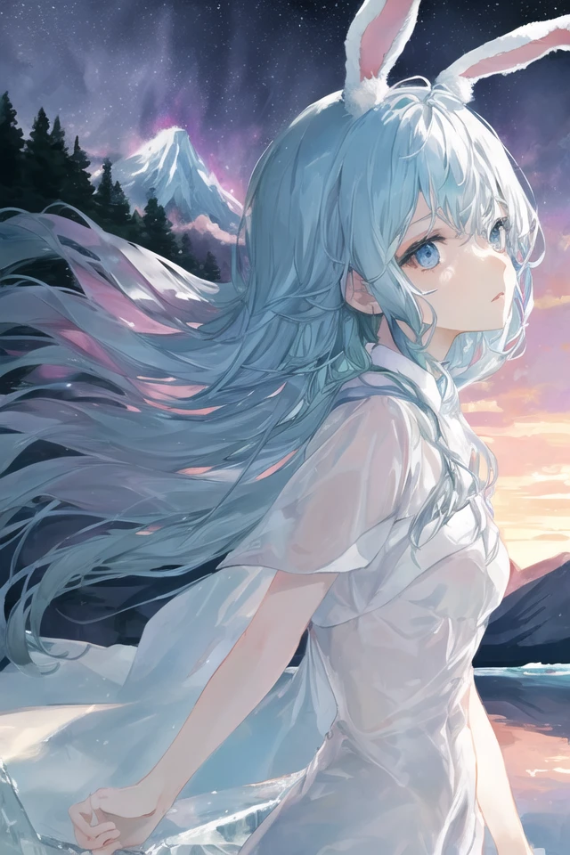 art by Cornflower, dreamy
(original, (masterpiece), (illustration:1.1), (detailed and beautiful), (perfect details), (unity CG 8K wallpaper:1.05), (beautiful and clear background:1.25), (depth of field:0.75), (1 (cute young girl:0.9) with long silver hair, ((snowflake:0.4) head ornament on hair:1.1) and (rabbit ears:1.1) stands aside the (frozen lake with (forest and mountain:1.1):1.35) under the (sunset:1.2) in the (winter:0.65):1.1). (detailed beautiful eyes:1.2), (beautiful face:1.2), (hair blowing with the wind:1.05), (blue eye:1.1), solo, (snow:0.4), aurora, stars.)