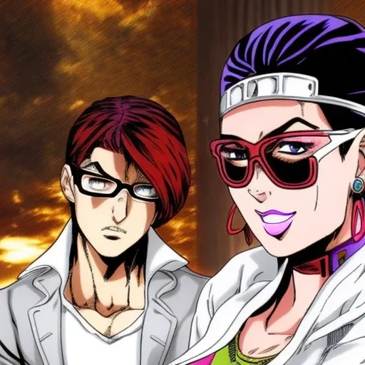 one man in glasses , one woman with red hair not wearing glasses, looking at camera, jojo bizzare adventure style