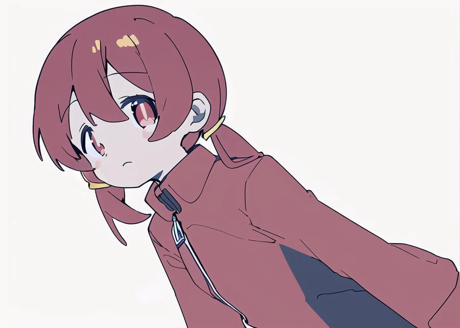 hair,(MurosakiMiyo) with beautiful eyes, twintail, outlined, by (mochizuki kei:1.1), arms, simple background, cool, expressionless, uniform,colorful background, cinematic angle, 4K wallpaper, jacket