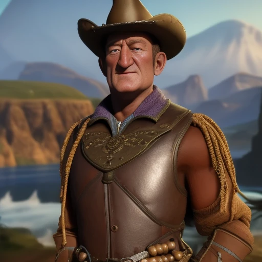 civsix_style beautiful full color 8k ultra HD raw (photo) of (John Wayne), detailed skin texture, (biomechanical)