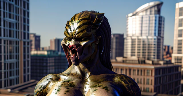 predator, female, crouching, curvy, city rooftop daytime, nipples, face, hardbody, armor, front view, 16k, masterpiece, analog, facing camera, cinematic lighting, volumetric lighting, vray tracing, unreal engine 5, portait, HP Photosmart 435, trending on DeviantArt <lora:yautjaPredatorLadiesOf_20:0.6>