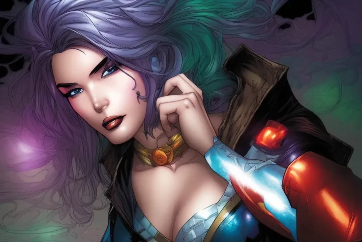 ComiDusk,comic book cover style, extremely detailed beauty, 1girl, solo, rainbow colored hair, wlop, guweiz, in the style of jim lee, ComiDusk