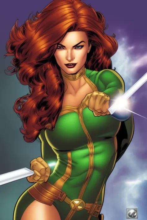 ComiDusk,comic book style, trading card style, 1girl, solo, auburn hair, southern belle, green eyes, looking at camera, rogue from the x-men, art by artgerm, in the style of salvador lacrocca, ComiDusk