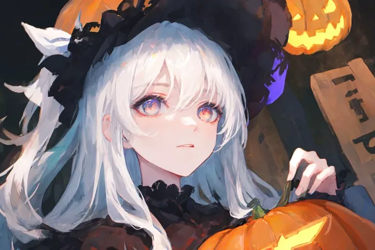masterpice, (best quality), ((best detailed)), depth of field, a beautiful girl, a beautiful face, white hair, whitch, whitch hat, colorful eyes, pumpkin, gothic cloth, hallowin, dynamic angle, deep dark night, horror
