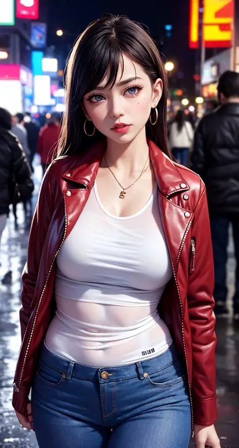 (masterpiece), best quality, highest quality, extremely detailed CG unity 8k wallpaper, complex and intricate, original,high res, cinematic lighting,
\\
beautifully detailed background, depth of field,:0.1,realistic:1.3,
(ambient light:1.3),(cinematic composition:1.3),(neon lights:0.1),(HDR:1), Accent Lighting,
\\
(16yotremely detailed_eyes, fingernails, sexy, large breasts,
(eyeliner:0.5),(blush:0.5), black hair,
\\
looking at the viewer, solo,
\\
white shirt, full body,

street, subway station, shop border, Akihabara \(tokyo\), Shibuya \(tokyo\), Shinjuku \(tokyo\), tree, rain, cloudy, afterglow, cityscape,

pureerosface_v1, [:(detailed face:1.2):0.2], shiny eyes, dramatic view,

STARRY, STARRY LIGHT, NIGHT, COLORFUL, CLOUD, STAR \(SKY\),  decent jacket, jacket pull, wind coat pull,
Raining, Rainy, wet, damp body, water drops on skin,
light blush, skinny,
ulzzang,(raw photo:1.2), (photorealistic:1.4), beautiful detailed girl, extremely detailed eyes and face,
light on face,
cameltoe, (denim blue jeans, red leather jacket, black leather backpack on back), (black backpack)

Shirt pull, earrings, FASHI-GIRL, dynamic expression, leggings, sportswear,

Jumping , Running, Walking