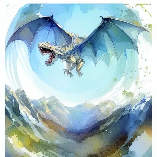 a watercolor painting with a white background rachelwalker style a mountain valley with a dragon flying in the sky