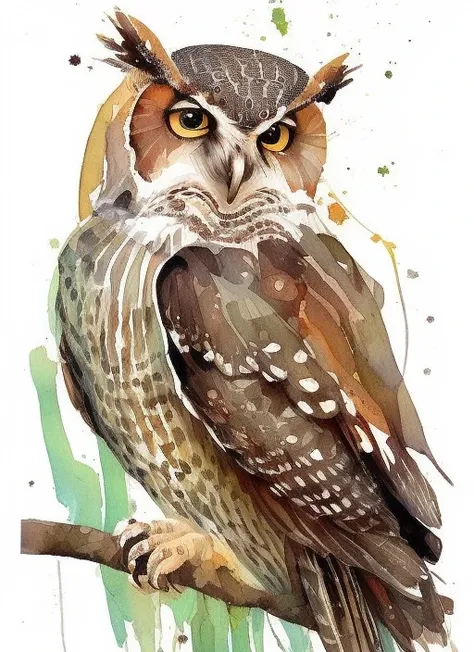 a watercolor painting of an owl in the evening in the rachelwalker style, watercolor (paper texture) background, high quality, denoise, clean