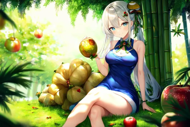 (masterpiece,newest,exceptional:1.2),1girl, against_tree, apple, arm_support, bamboo, bangs, bare_arms, bare_legs, bare_shoulders, bare_tree, blue_eyes, blush, branch, breasts, bush, christmas_tree, closed_mouth, dappled_sunlight, day, dress, foliage, food, forest, fruit, grass, hair_between_eyes, hair_ornament, hair_ribbon, holding, holding_food, holding_fruit, in_tree, lake, leaf, long_hair, looking_at_viewer, medium_breasts, mushroom, nature, navel, on_grass, on_ground, outdoors, palm_leaf, palm_tree, pine_tree, plant, ribbon, sidelocks, silver_hair, sitting, sitting_in_tree, sleeveless, smile, solo, sunset, thighs, tree, tree_shade, two_side_up, under_tree, wisteria