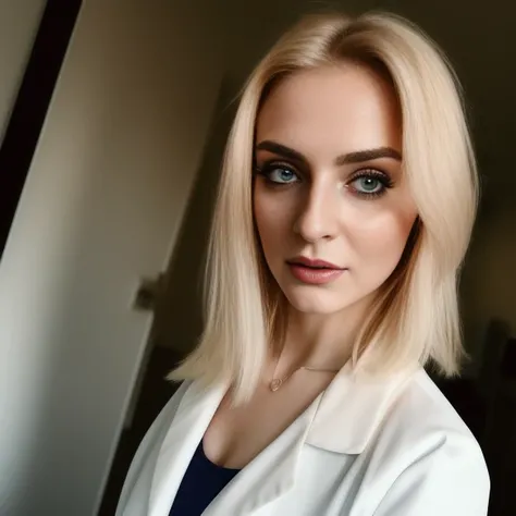 candid, gloomy and dramatic full body instagram selfie photo analog, 20 yo female doctor, wearing open lab coat and mask , blonde hair, cleavage, no bra, at hospital , action shot, skin pores, detailed intricate iris, very dark lighting, heavy shadows, detailed, detailed face, (vibrant, photo realistic, realistic, dramatic, dark, sharp focus, 8k)