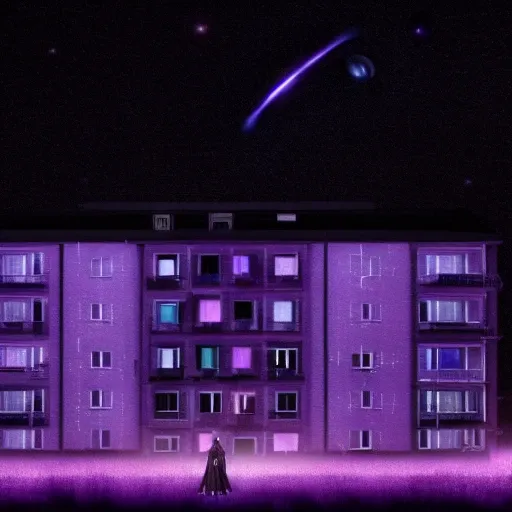 (khrushchevka:1.2), night view, (purple light inside windows:1.4), by van gogh, starry night, milky way, astronomy photography, sharp focus, low angle shot, explosion, demons, (gigantic ufo:1.4), aliens, invasion from the unknow, cosmic horror, anime girl by junji ito, paradox, destruction, fire, death star, (black hole:1.6), fisheye, tentacles