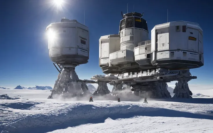 A render of a sci-fi space outpost on a frozen ice planet