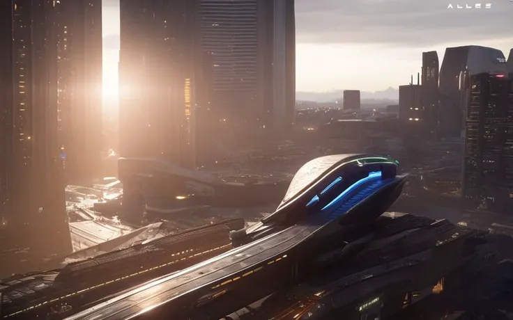a futuristic sci fi spaceship, in a sci-fi city, star citizen, star atlas, render, one spaceship, 1spaceship