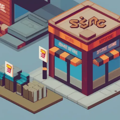 isometric videogame store, isopixel style