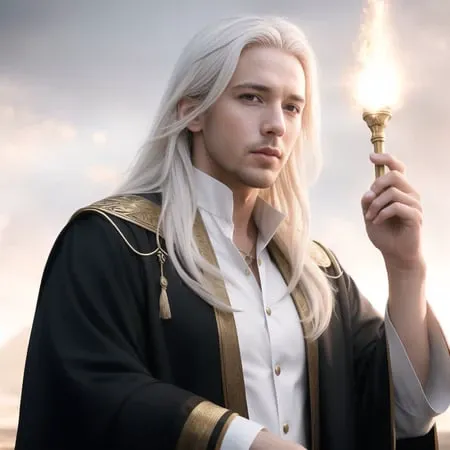 photorealistic photo of a handsome young male wizard, white wizard shirt with golden trim, white robe moving in the wind, long white hair, fully clothed, perfect face, handsome, (perfect composition:1.4), deviantart hd, artstation hd, concept art, detailed face and body, award-winning photography, margins, detailed face, detailed hands, ,backlight, 12k ultrarealistic, ray tracing, intense gaze, looking at the viewer, cinematic lighting, art by Grzegorz Rutkowski, embers, high fantasy background, action pose, hands up to 90 degrees, holding a small magic wand, water splash, misty