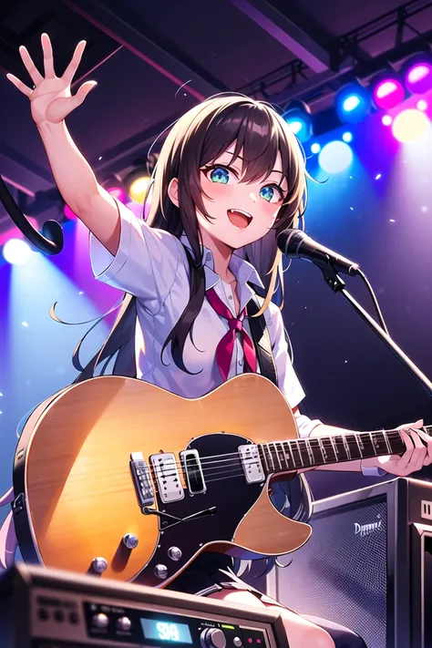 (girls' band:1.4), (dynamic angle), upper body, black guitar, amplifier, speaker, live stage, smile, Live festival, school, Shining Lighting