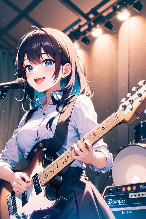 (girls' band:1.4), (dynamic angle), upper body, black guitar, amplifier, speaker, live stage, smile, Live festival, school, Shining Lighting