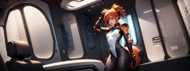 masterpiece, realistic, photo realistic, hyper realistic,8k,masterpiece,best quality, spaceship,sci-fi, space in background through window, outer space
AND cute girl, with orange hair, small breast, (black sci-fi armor), spaceship interior, outerspace
AND spaceship interior, window, outer space in background visible through window, galaxy, stars
AND spaceship interior