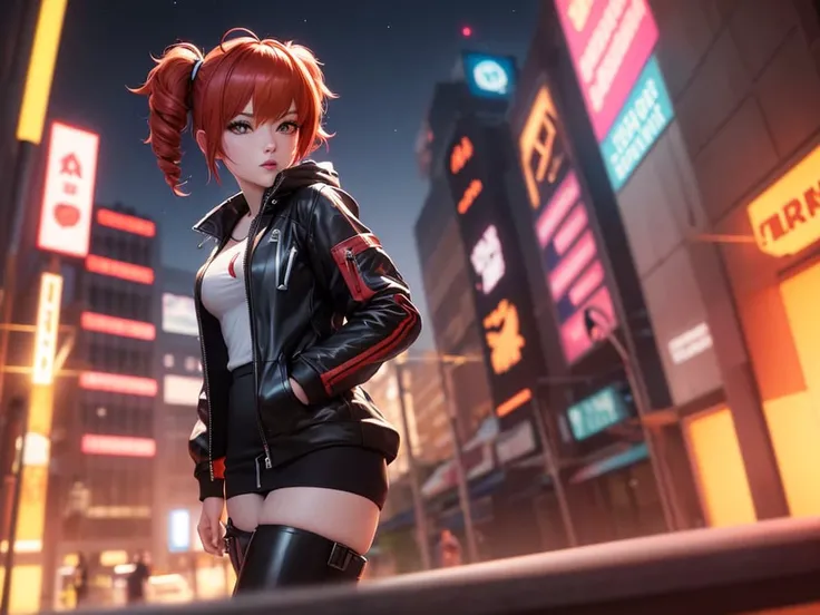 masterpiece, realistic,professional , photo realistic, (hyper realistic), highres, (realistic face:1.1), 8k, 1girl, beautiful standing Kasane teto, vivid colour,sharp image, focused, clear image,(boots),(black jacket with red lining:1.3), (((short hair))), (short drill twintail hair:drill), (street:1.2), (night:1.2), unreal engine 5, ray tracing, ultra high definition, ultra high details, colorful sylvain sarrailh illustration, 8K