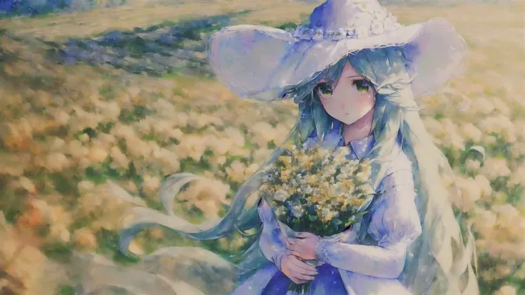 1girl, long hair, ((field of flowers)), detailed eyes, ((sleeves past wrists)), white, (lace dress), white hair, (((in the style of Matchapix))), flower hat, sun hat, ((painting))