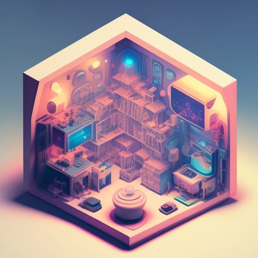 duskametrik isometric cutaway of a 1980s vaporwave poster cinematic lighting bokeh vaporwave elements incredibly detailed duskametrik