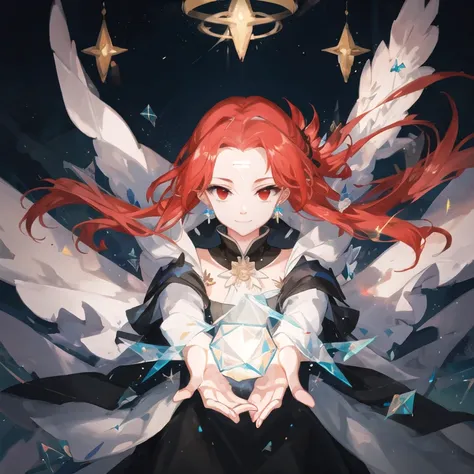 ((masterpiece, best quality, illustration, extremely detailed CG unity 8k wallpaper, hdr)), 1girl, solo, (beautiful detailed glow), (caustics), ((multicolored hair)), rainbow hair, , ((black hair)), [red hair], [[[pink hair]]], , black cape, , , small, (((red eyes, detailed eyes))), spotlight, , (((floating hair))), , , , , , dappled sunlight, scenery, floating crystals, refraction, glass shards,  [[4ndreab0tez-1850, missb0tez]], pointy ears, forehead, (((forehead))),  asymmetrical hair, asymmetrical bangs, dynamic pose, , from above, ,, ,, ,, smile, night, night sky, looking at viewer, ((detailed face, beautiful face)), <lora:V11ForegroundPlant_V11:0.4>,