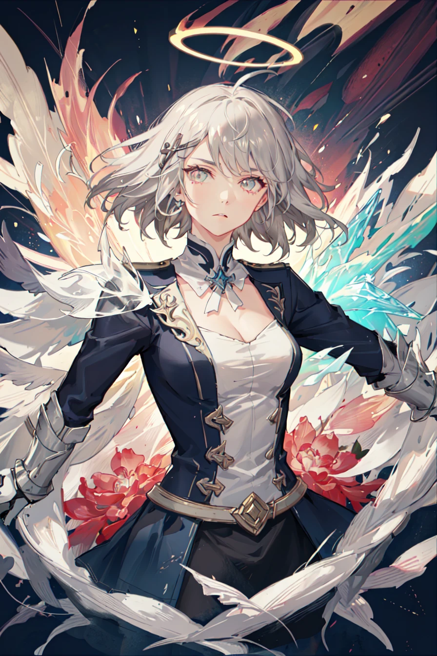 lady, woman, (Highest picture quality),(Master's work), (ultra-detailed),(Detailed eye description:1.2),(floating colorful wind:1.4),(upper body:1.5),(manny colorful clouds and thorns and spikes:1.0),(clouds sea:1.4),(lens flare:1.3),(grim expression:1.5),(movie poster:1.0),(Tarot border:1.2),a girl dress,(armor:1.3), (lips:1.2), (eyelashes:1.2), ((formal,military)),(skirt:1.4),(multicolored floating ribbon:1.3),(crystal magic:1.3),(medium breasts),(thigh bands),(grey hair:1.3),(short hair:1.6),the portrait is centered,(from below:1.1),(close-up:1.2),(chaotic geometric images:1.3),(nagative space:0.8), negative space ,(drawing board:1.3),(halo:1.3),(ether colorful ink flowing:1.3),(grey eyes), ((reflection, (neon lights:1.3))), ((colorful, multicolored)), night, ahoge, sky, shiny, ((solo)), (dynamic pose:1.5), head tilt, (mature female:1.5), ,