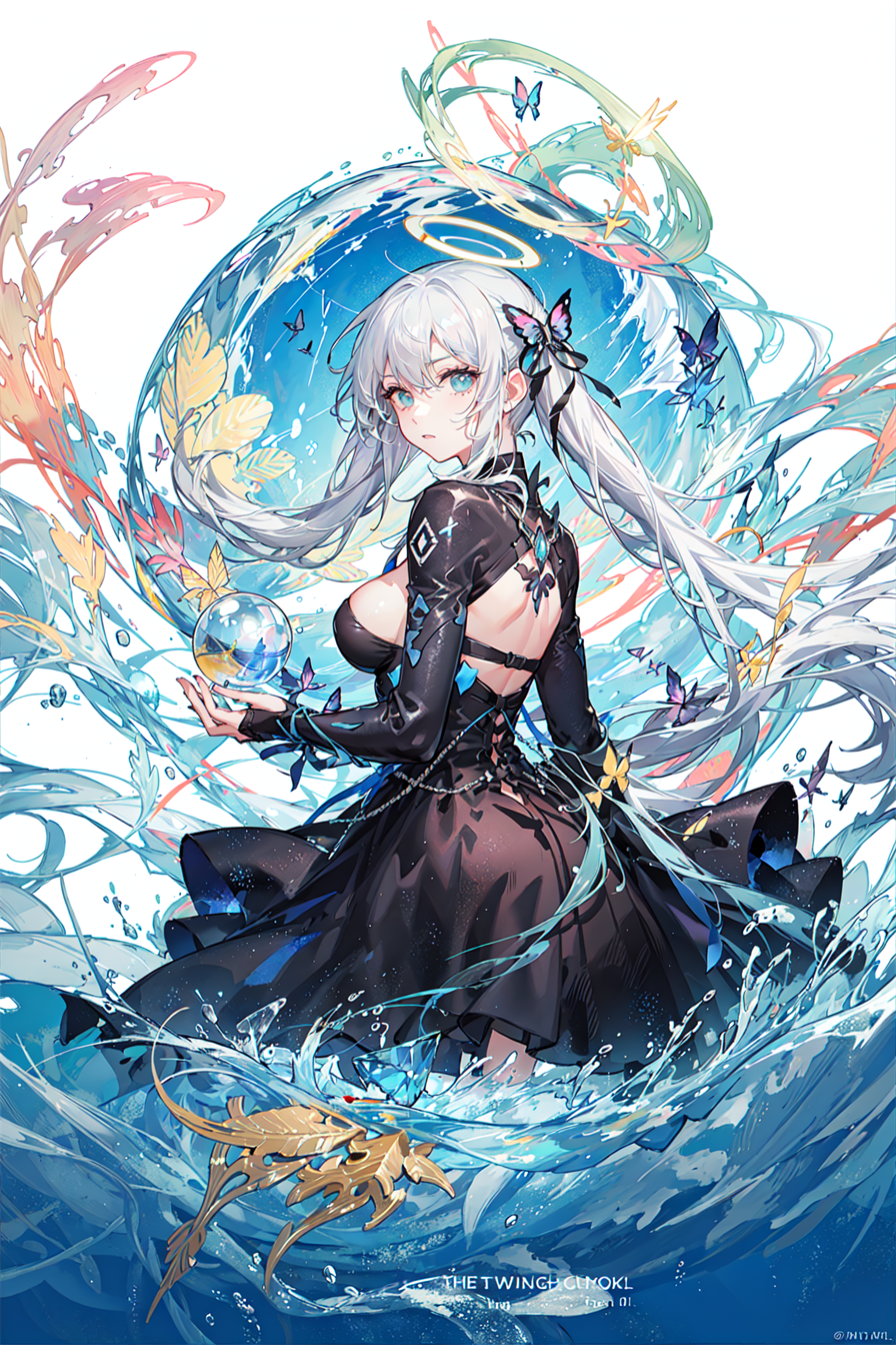 A woman in a black dress is sitting in the water - SeaArt AI
