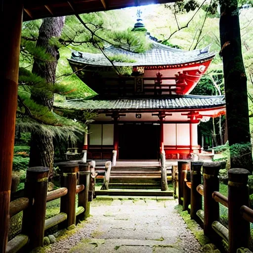 japanese temple in the middle of the forest,