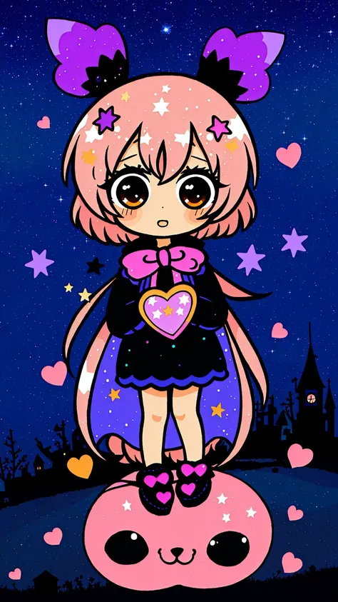 * masterpiece (chibi:1.3), best quality, (realistic:1.2), chibi girl, glitter sparkle shiny stars and hearts, <lora:theovercomer8sContrastFix_sd15:0.8>, night , nightsky, <lora:cutescrap05v_cutescrap3:0.6> <lora:worldFlipperArtStyleLora_v10:0.7>