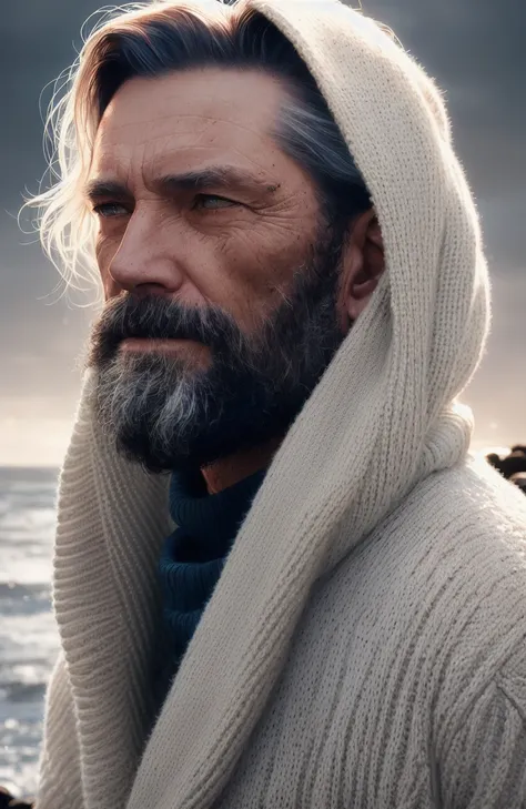 face portrait of an rugged (old fisherman:1.3), (face focus:1.5), (storm:1.2), (waves:1.3), ocean, (lighthouse background:1.3), (cowboy shot:1.4), (white turtleneck knitted sweater:1.3), looking at viewer, realistic, masterpiece, highest quality, backlighting, (lens flare:1.1), (bloom:1.1), (chromatic aberration:1.1), by Jeremy Lipking, by Antonio J. Manzanedo, digital painting