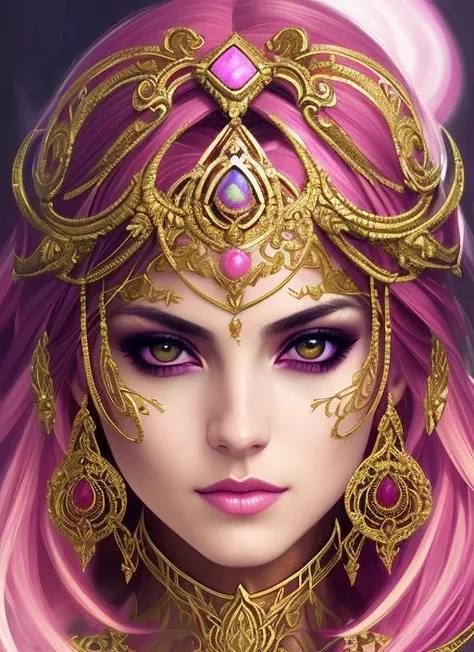 style of joemadureira (symmetry:1.1) (portrait of floral:1.05) a woman as a beautiful goddess, (assassins creed style:0.8), pink and gold and opal color scheme, beautiful intricate filegrid facepaint, intricate, elegant, highly detailed, digital painting, artstation, concept art, smooth, sharp focus, illustration, art by greg rutkowski and alphonse mucha, 8k