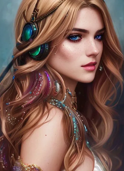 style of joemadureira photorealistic painting ((full body)) portrait of ((stunningly attractive)) a woman at a music festival, ((perfect feminine face)), (+long colorful wavy hair), (+glitter freckles), glitter, wearing a dress, intricate, 8k, highly detailed, volumetric lighting, digital painting, intense, sharp focus, art by artgerm and rutkowski and alphonse mucha, cgsociety