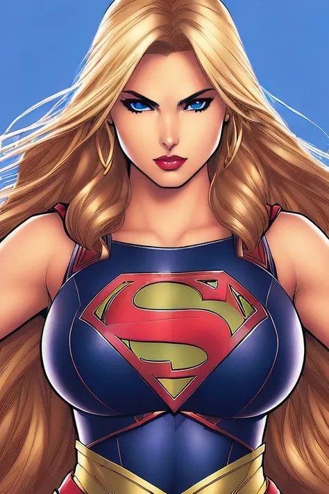 1girl, solo, style of joemadureira, supergirl, beautiful face, detailed face, full torso, navel, detailed eyes, high quality, 4k