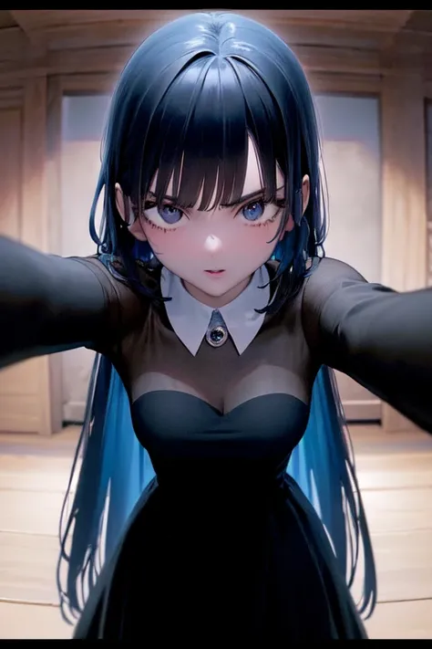 1girl, standing, black dress, white long hair,  solo, kabedon pov, black hair