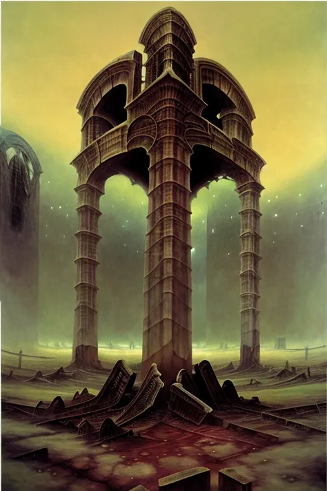 <lora:zdzislaw Beksinski LORA:1>Zdzislaw Beksinski Ancient ruins lay scattered across a barren, lifeless wasteland, hinting at the downfall of a once-great civilization