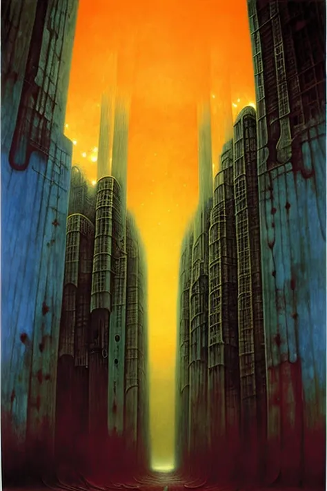 <lora:zdzislaw Beksinski LORA:1>Zdzislaw Beksinski A bleak, industrial cityscape stretches out as far as the eye can see, dotted with smokestacks and illuminated by a sickly yellow light