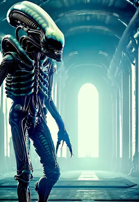 ASCII8k full body photo of bigbadejo alien_monster walking through an (industrial futuristic room, (aged sci-fi elements, retro sci-fi consoles), volumetric lighting, depth of field, ray tracing, subsurface scattering