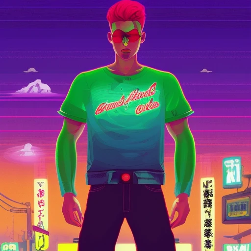 femboy in a long tshirt, punk makeup, digital illustration, 90s, tokyo sunset,rending on arstation, synthwave, city punk, rim lighting, wvebg1