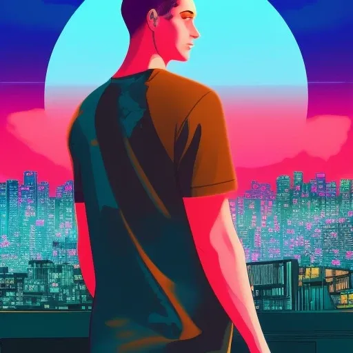 femboy in a long tshirt, punk makeup, digital illustration, 90s, tokyo sunset,rending on arstation, synthwave, city punk, rim lighting, wvebg1
