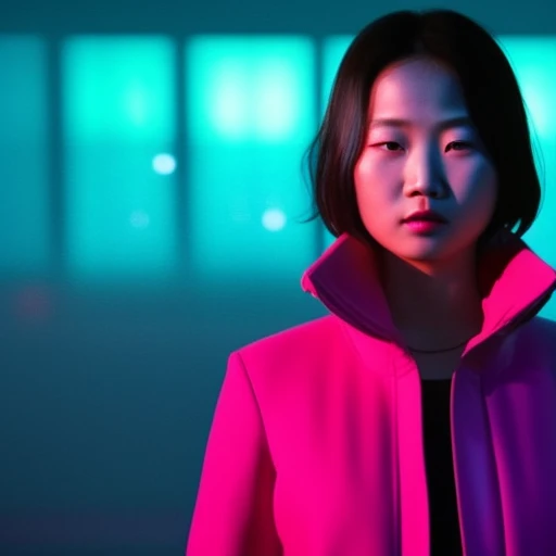 1girl, solo, asian, foggy neon futuristic, portrait style, looking_at_viewer, cinematic lighting, emotional, highly detailed, wide shot, sharp focus, ring light, rim lighting, octane render, wvebg1