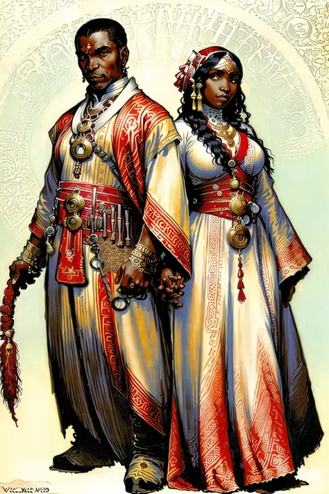 CCDWR illustration artwork with the ( Full  body  )  portrait  of  a  beautiful  ( african ) couple of CCDWR characters
( wearing stamped white fur outfit with red rope belt and golden tassel  fringes   )

,

CCDWR concept  [ art | character design | costume design | fashion design ]

(
in ( colorful victorian nouveau ) CCDWR  artstyle [  ( by Victo  Ngai )  | by James Jean  ] inspired ( by Alphonse Mucha )
)