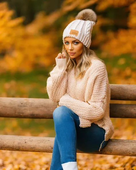 solo, masterpiece, best quality, medium shot, Beautiful mikaylademaiter in an autumn forest, beautiful waterfall, sitting on park bench, perfect face, fit, (white beanie:1.2), (brown knit sweater:1.2), (denim pants), vivid orange trees