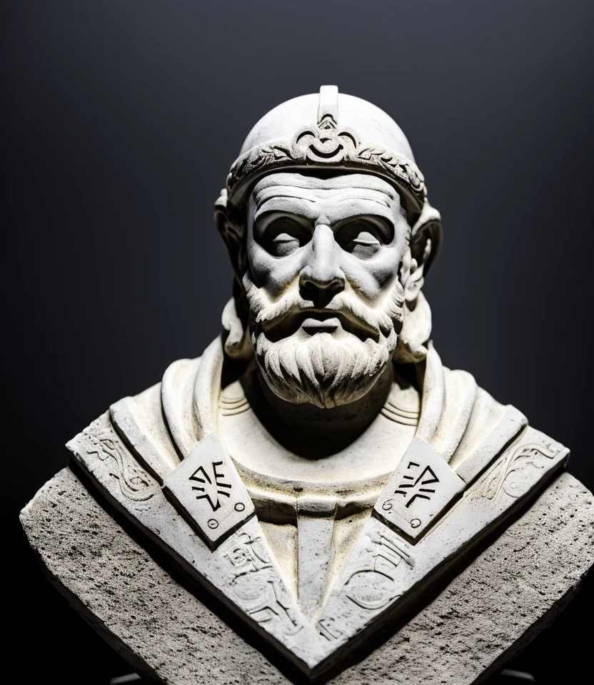 mockup, marble bust sculpture of geometric ancient undead priest warrior astrologist, full view, magical astrological esoteric symbols, Bauhaus, intricately decorated, medium shot, (black background:1.3)