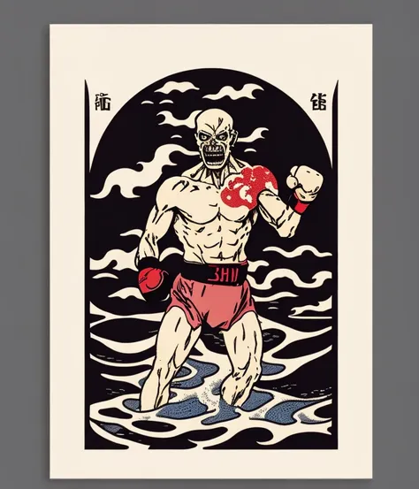 undead boxer standing in the raging sea, Katsushika Hokusai style, behance hd, a silk screen, colorful screen print, vintage logo design badge