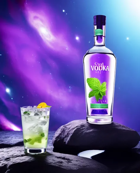 studio photography of (crystal glass vodka bottle) standing on meteorite stone next to mojito cocktail drink (in deep space galaxy nebulae cave setting:1.1), Andries Stock, product photo, a computer rendering, arbeitsrat fr kunst, ambient occlusion, soft shadows