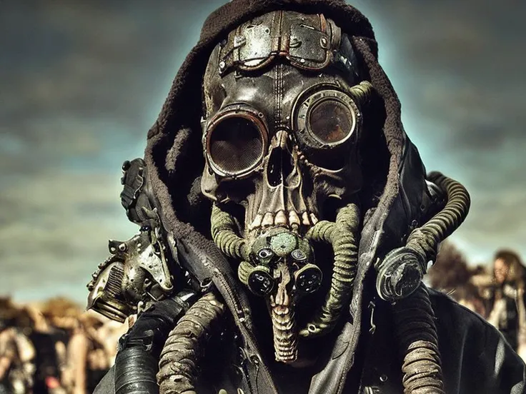 postapocalypse warrior, skull, skeleton, mech, cybertech, 4k, highest quality,grunge aesthetics, grunge textures