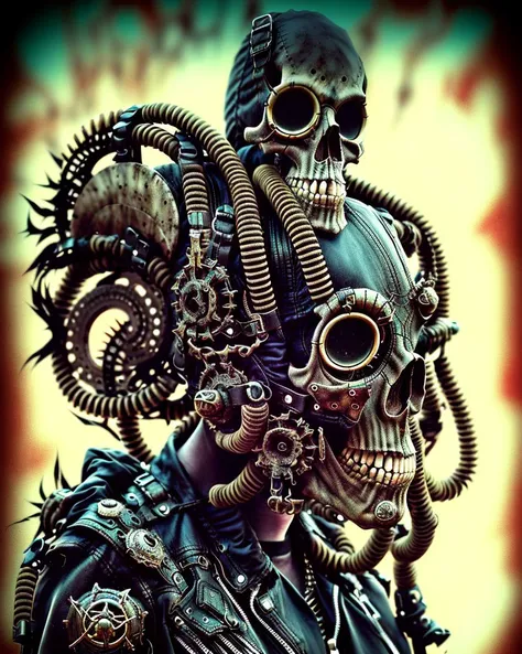 postapocalypse warrior, skull, skeleton, mech, cybertech, 4k, highest quality,grunge aesthetics, grunge textures, washed out colors, art by RFKTR_bontrex-150